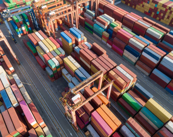 Aerial view, of sea freight containers in Yantian port in shenzhen city, China